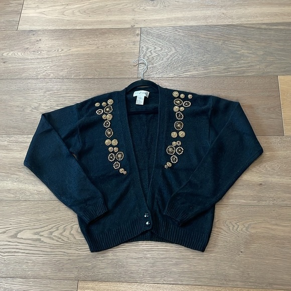 Cezanne Vintage Black Cardigan Silk Angora Sweater Gold Beaded Fuzzy Size Small - Picture 1 of 11